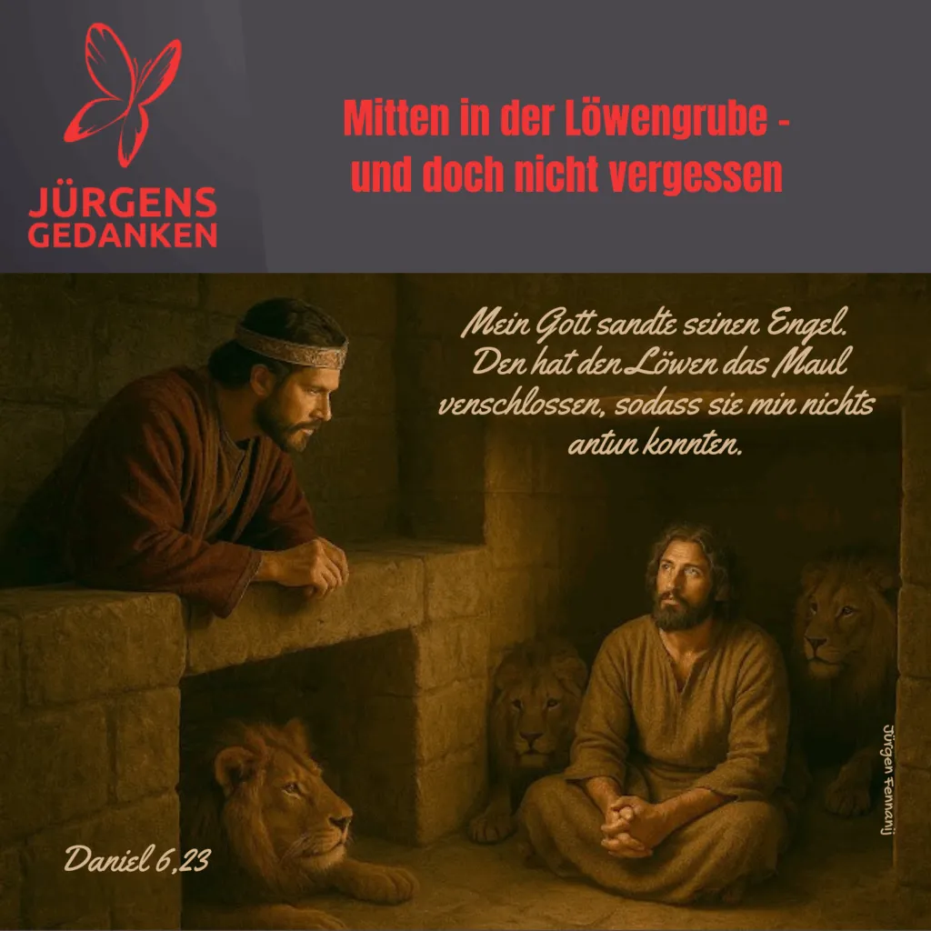 zwei Männer und ein Löwe sind in der Löwengrube