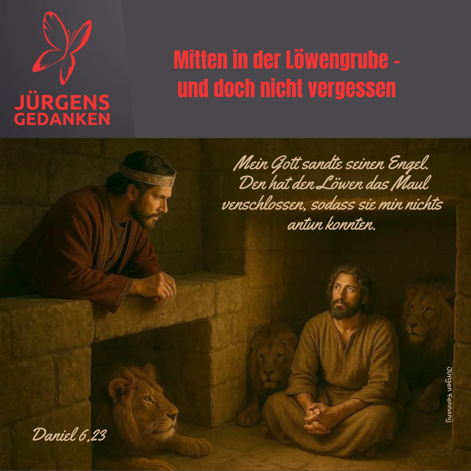 zwei Männer und ein Löwe sind in der Löwengrube