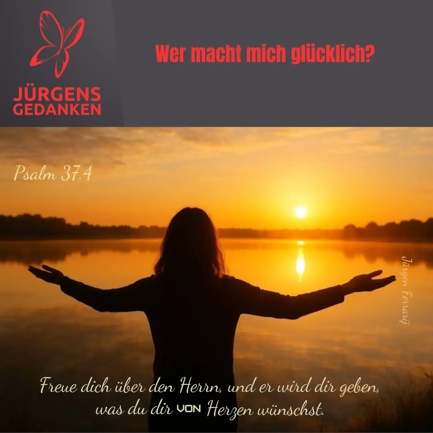 Frau steht am See und sieht den Sonnenuntergang