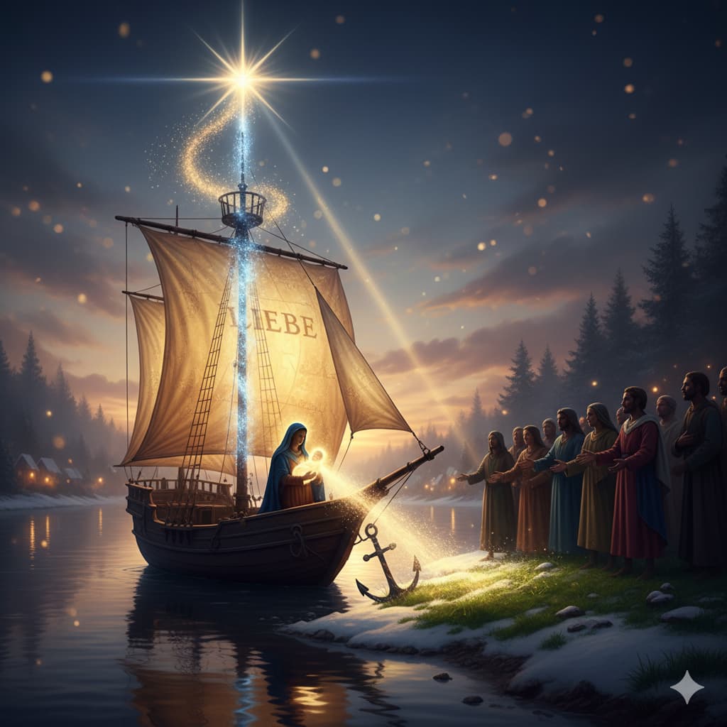 Ein Segelschiiff mit Maria und Jesus