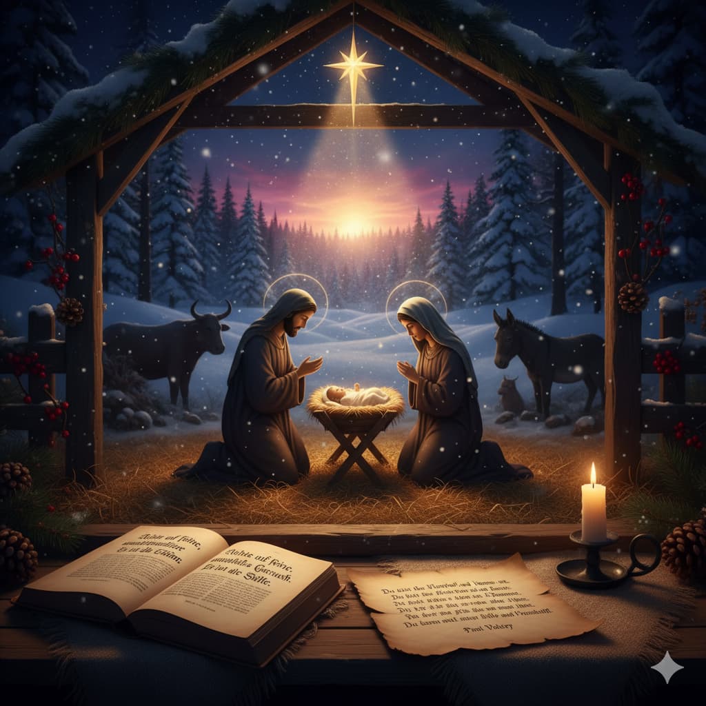Maria, Josef und Jesus in einer Krippe