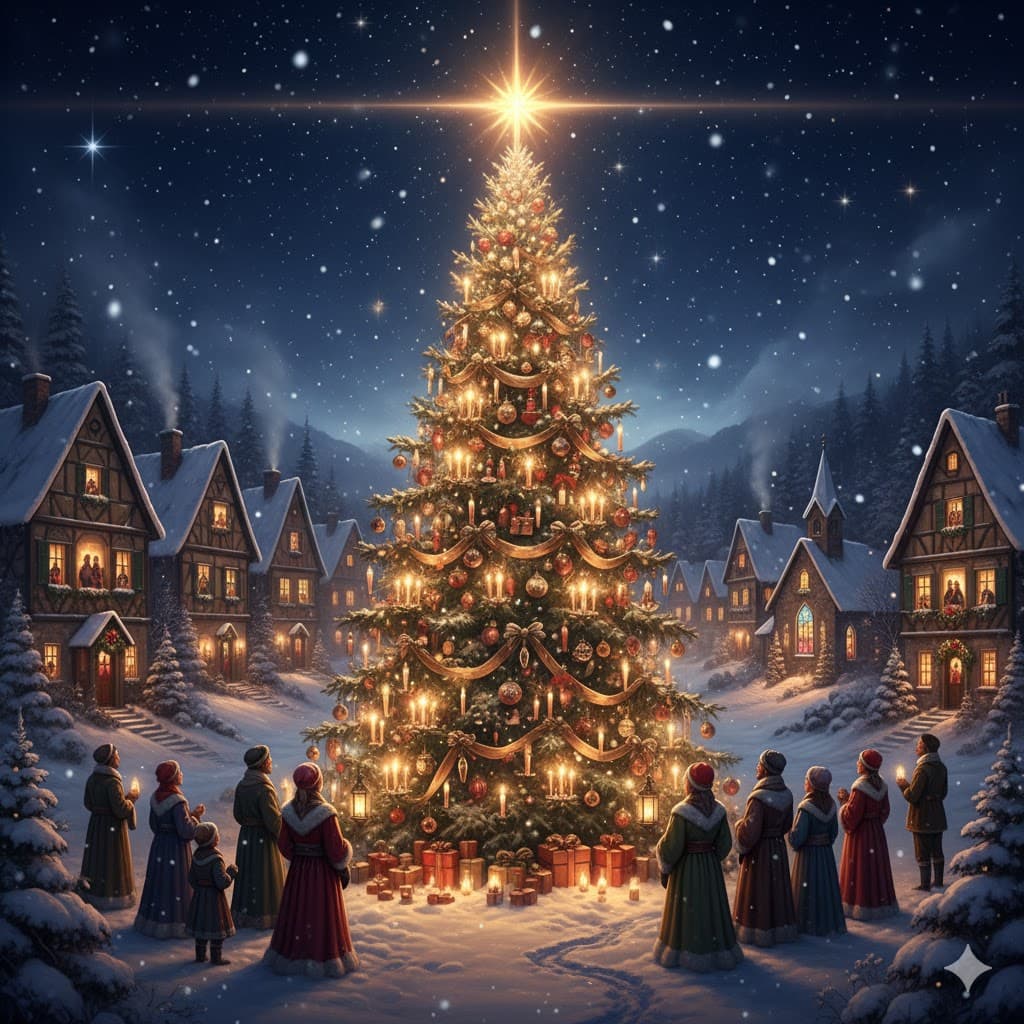Menschen stehen um einen geschmückten Weihnachtsbaum
