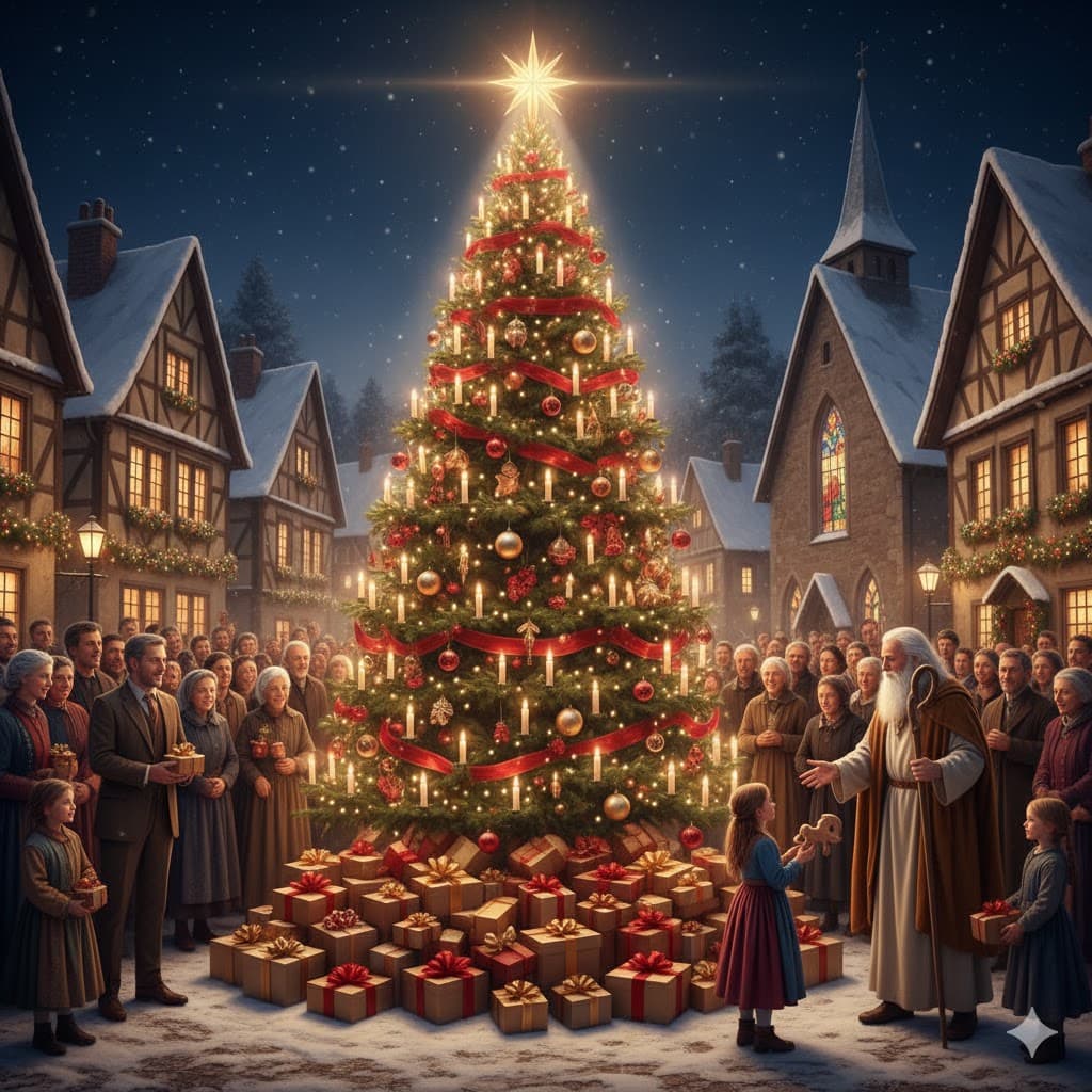 Bunt geschmückter Weihnachtsbaum mit vielen Geschenken