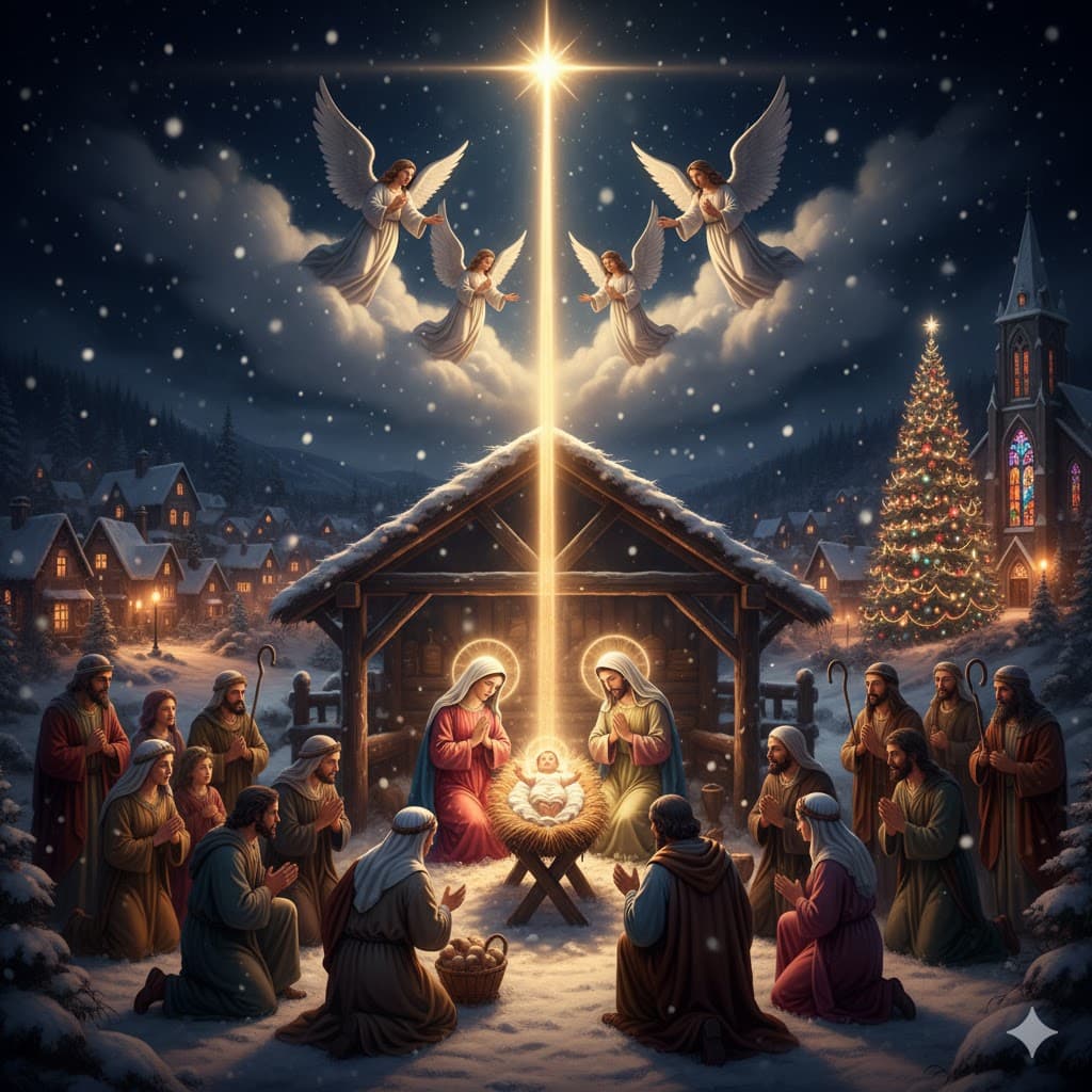 Maria und Josef kniend vor Jesus