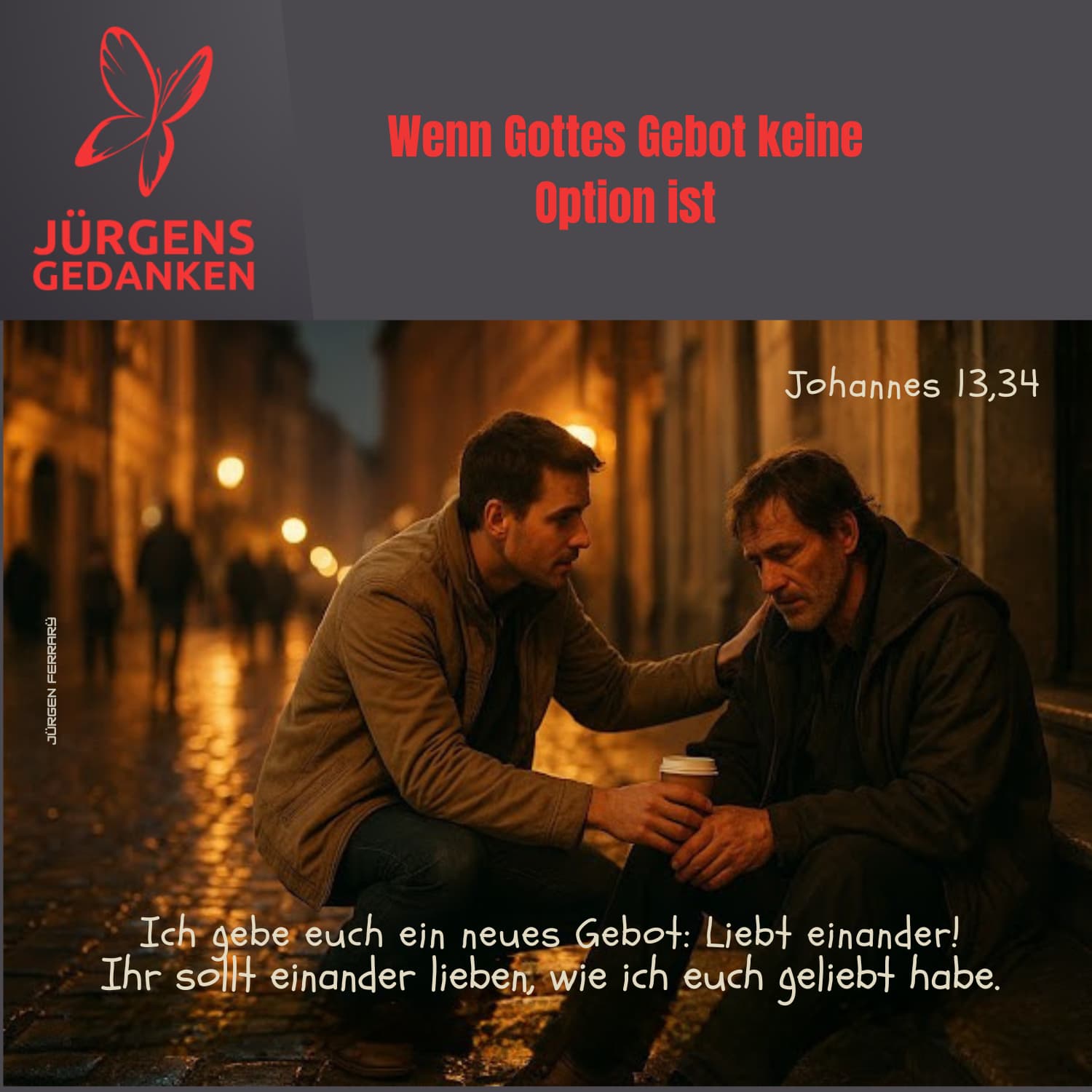 Mann gibt Obdachlosen einen Kaffee