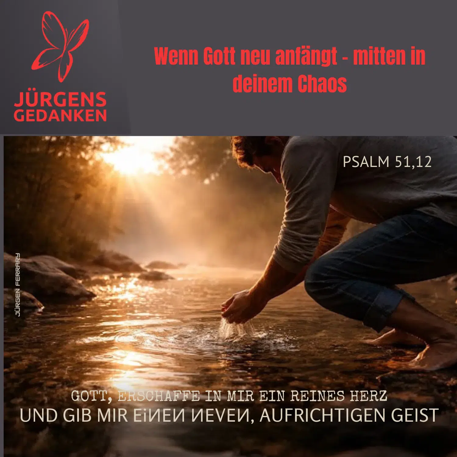 Mann schöpft mit seinen Händen Wasser aus dem Bach