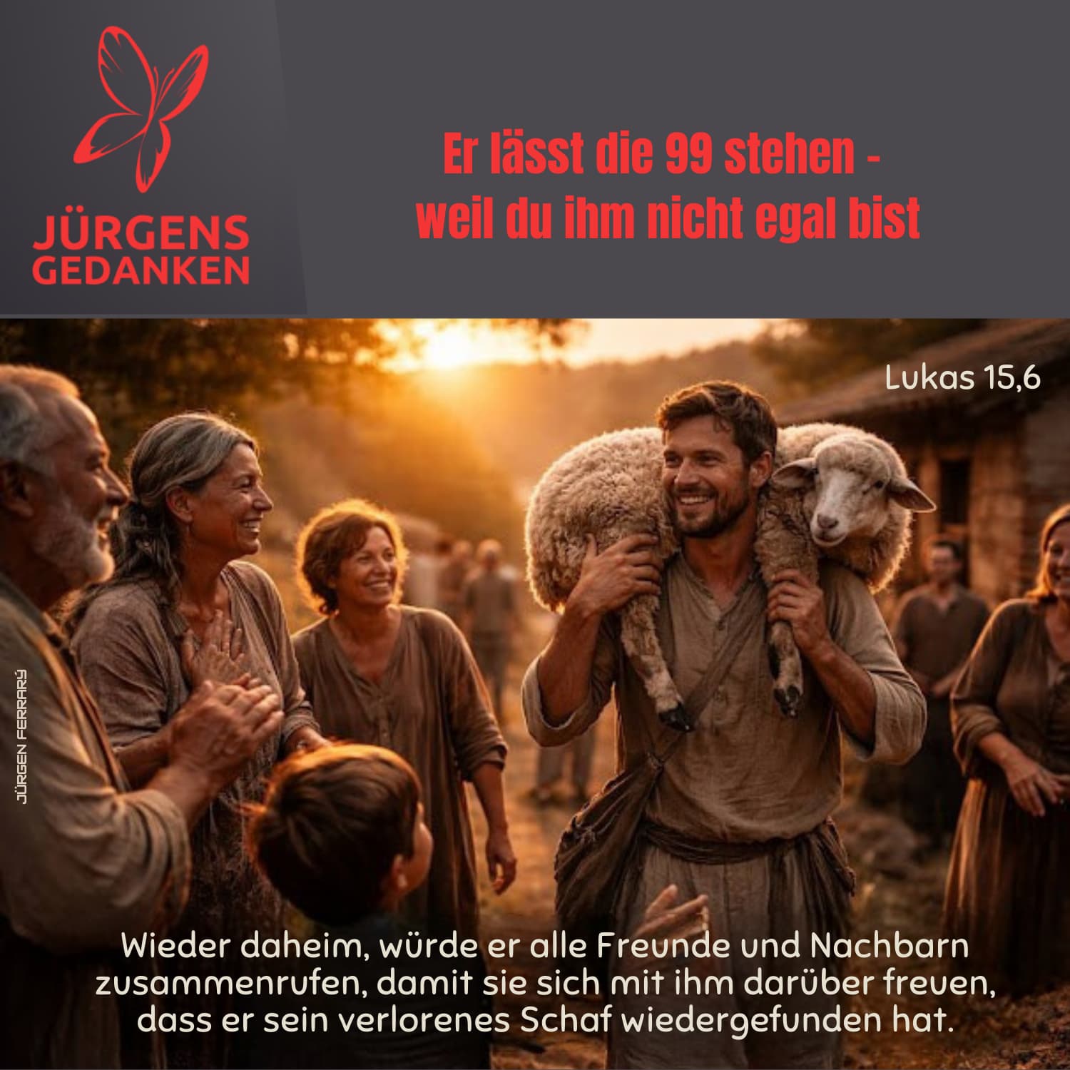 Mann hat ein Schaf auf dem Rücken