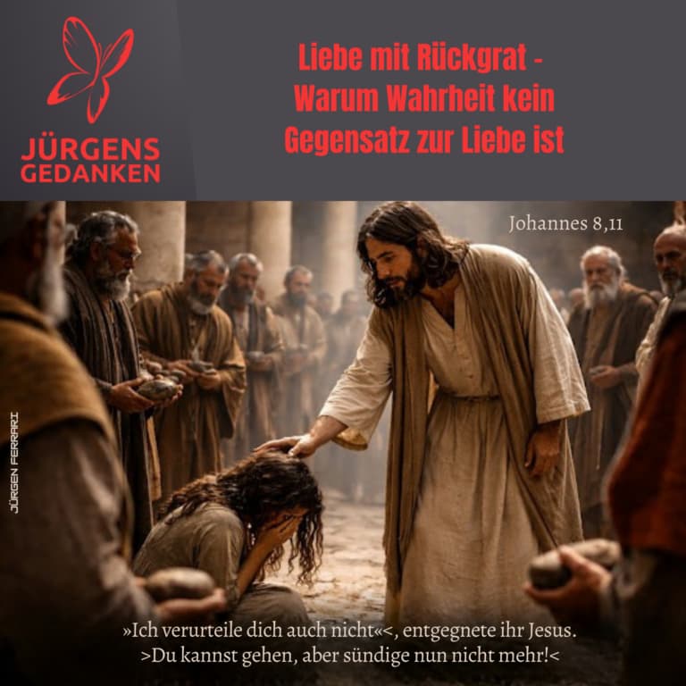 Jesus legt einer Frau die Hand auf und Männer halten Steine in der Hand