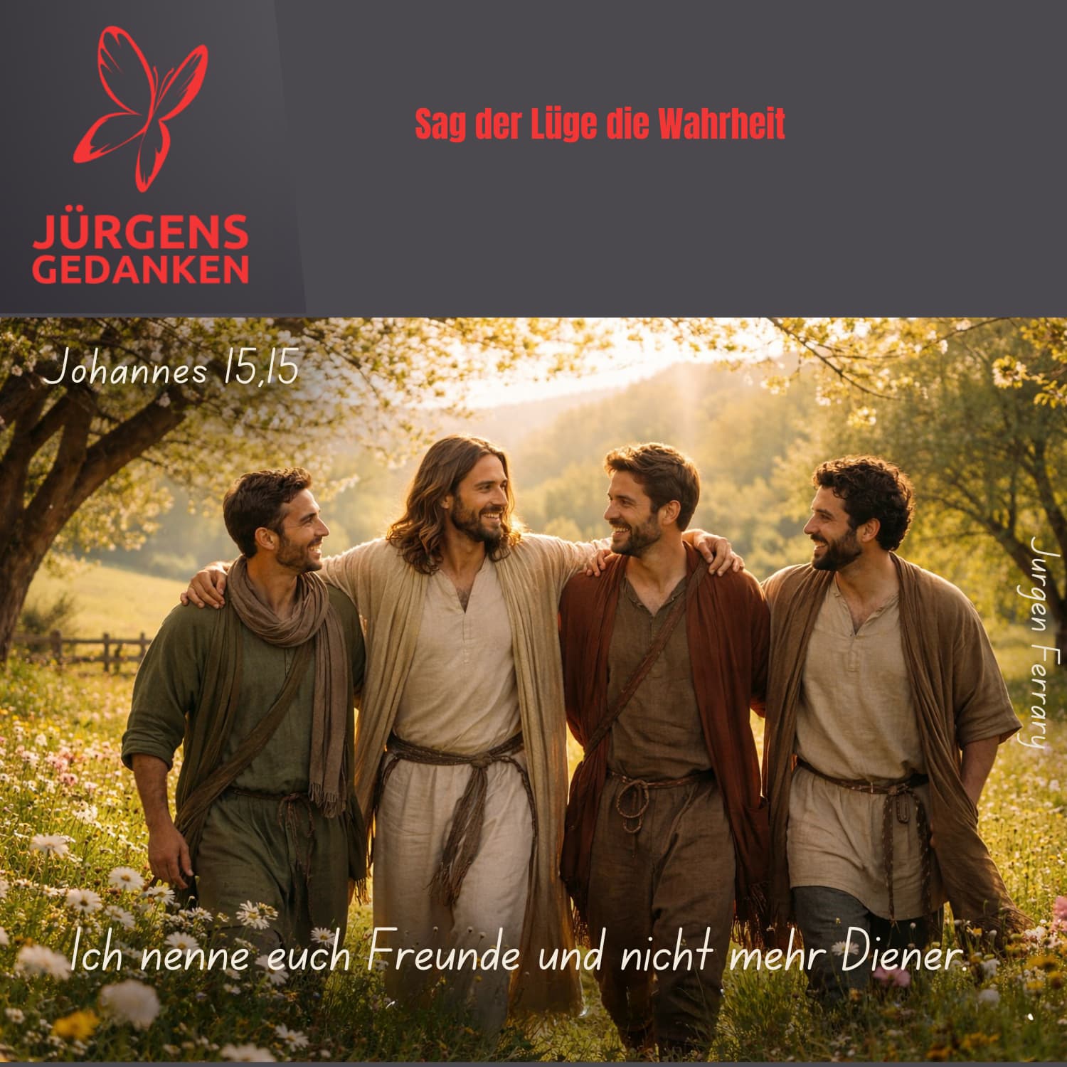 vier Freunde gehen fröhlich sparzieren