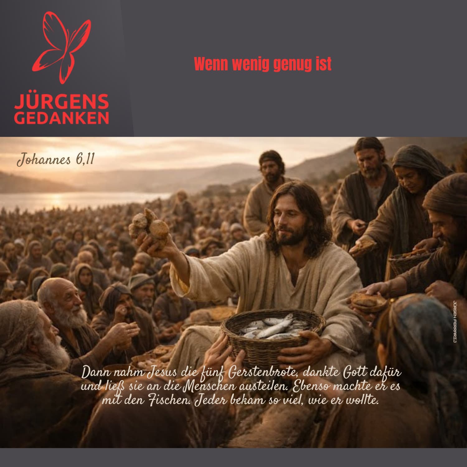 Menschenmasse und Jesus mit Fischen und Brot