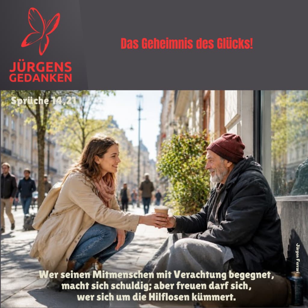 Frau gibt einem Obdachlosen Kaffee